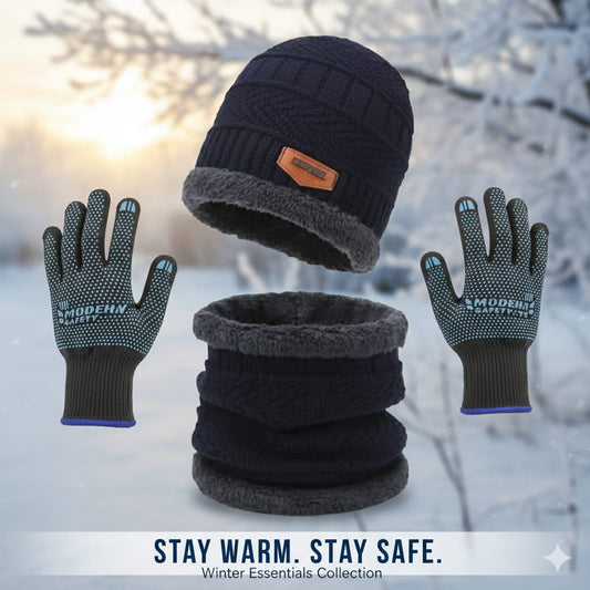 Premium Knitted Beanie Cap, Neck Gaiter And Touchscreen Gloves Combo Pack